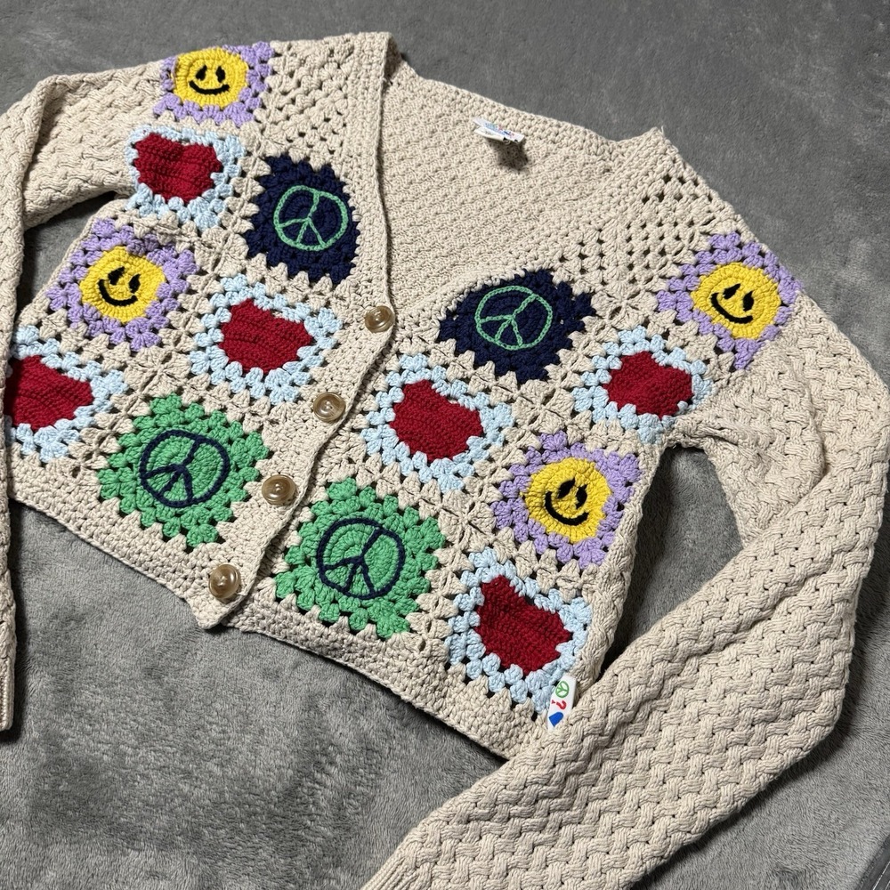 GUESS‎ Originals X J Balvin Crochet Smiley Cardigan Size XS Indie Boho Casual
